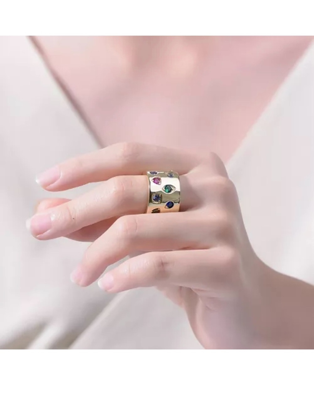 Gold Multi-Gemstone Wide Band Ring size 8 - Picture 2 of 6
